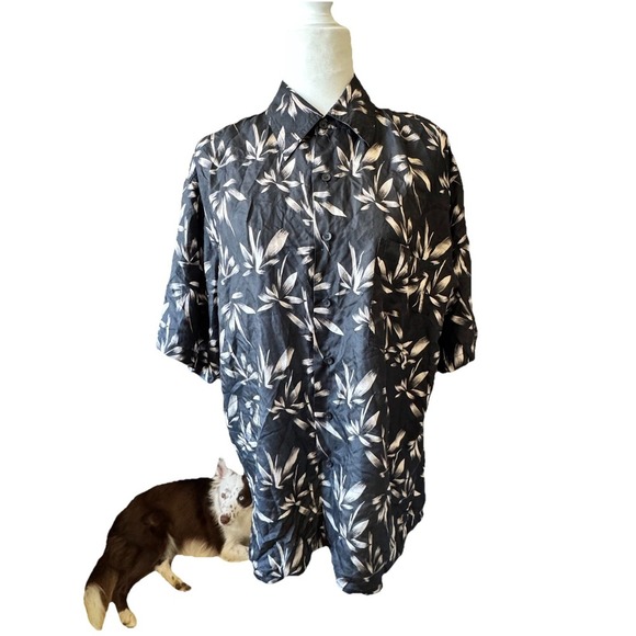 Penta Club Men's Washable Silk Short Sleeve Black Bamboo Print Shirt New Large - Picture 3 of 11